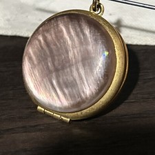 Vintage RARE Bright Yellow Gold Fill Brown Abalone Striated Round Locket Pendant