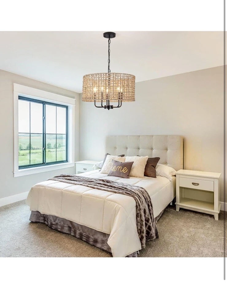 Lámpara de araña boho tejida a mano rústica de ratán de 5 luces marrón Foto 4 de 4