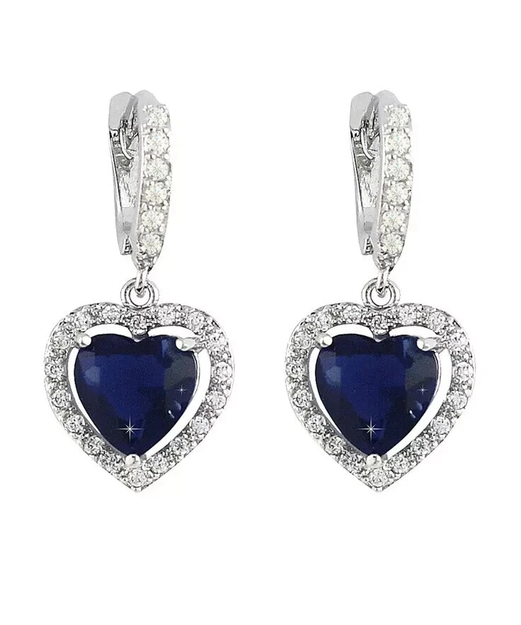White gold finish blue sapphire heart and created diamond Droplet earrings — 第 4/4 张图片