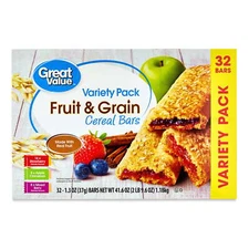 Great Value Fruit & Grain Cereal Bars, Variety Pack, 1.3 oz, 32 Count