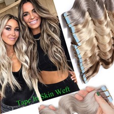 Highlight THICK-WAVY Tape In Remy Human Hair Extensions Full Head Skin Weft 200g