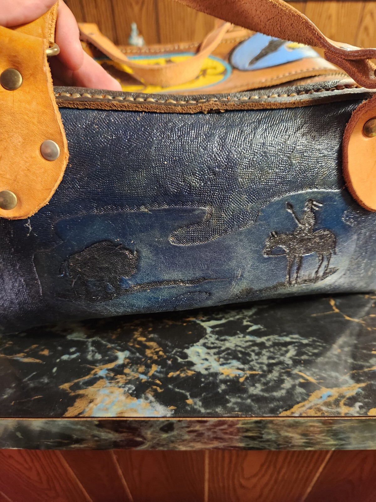 Boho Leather Native American Painted Tooled Leath… - image 8