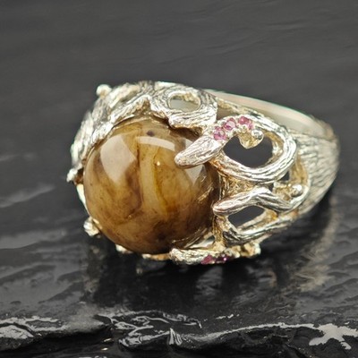Brauner Cabochon-Schliff Edelstein rosa Akzent Steine Ring Sterlingsilber Größe 9