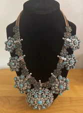Western Style Necklace Faux Turquoise Silver Tone Chunky Bib Choker Style Heavy