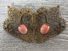 Antique 1800s Victorian Art Nouveau Belt Buckle Orange Glass Stone Ornate 2 Pc