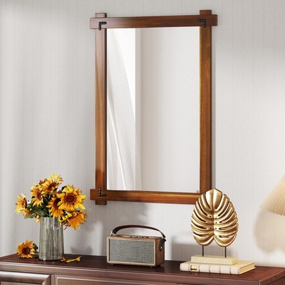 40 x 28.5 Inch Shatterproof Wall Mirror w/Acacia Wood Frame & Vintage Rivet