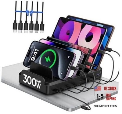 300W Charging Station for Multiple Devices, 8 Port Multi USB C Fast Black