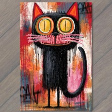 ART CARD Black Cat Bright Eyes Dripping Paint Orange Red Background Surreal