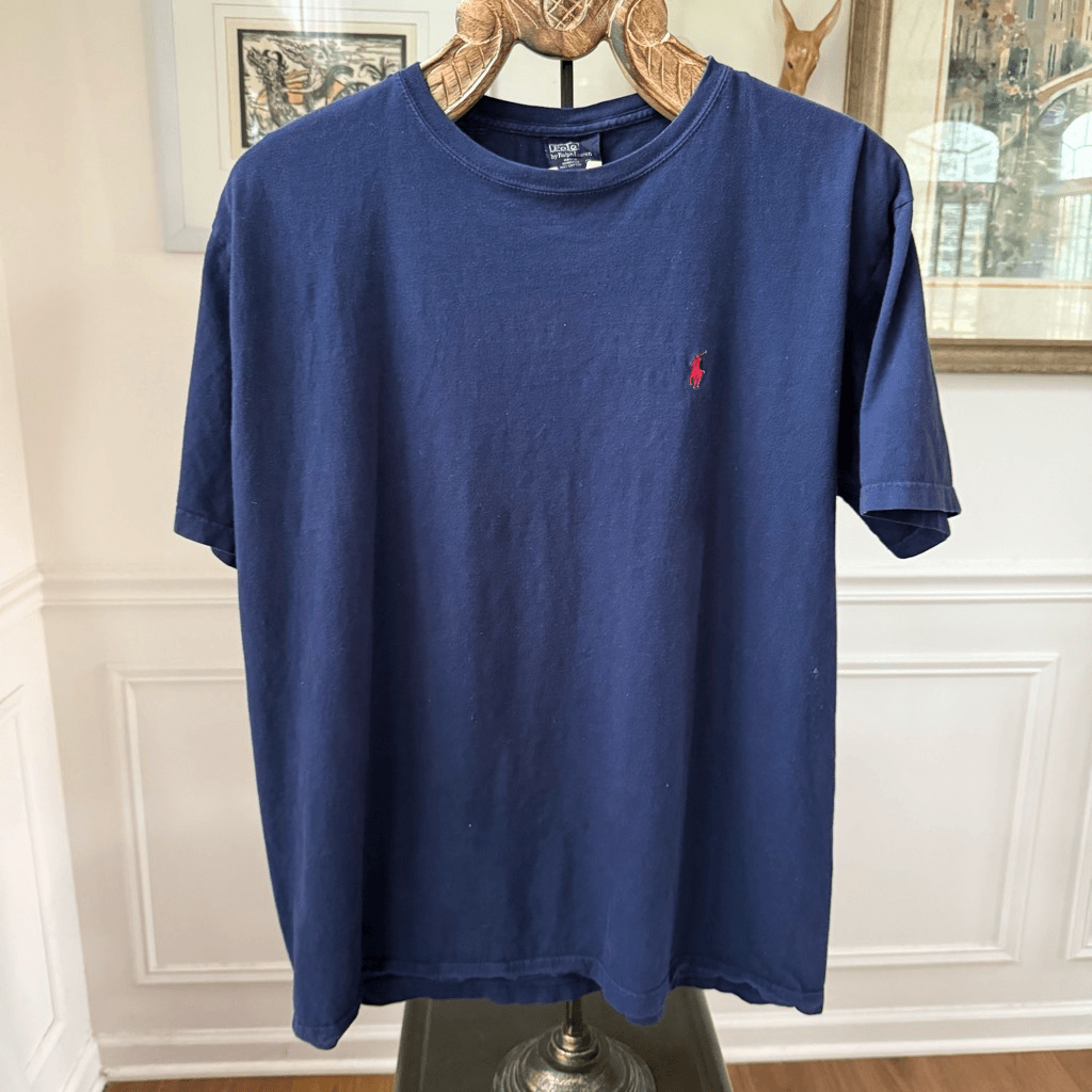 Polo Ralph Lauren vintage anni 90 blu scuro cotone maglietta rosso pony L