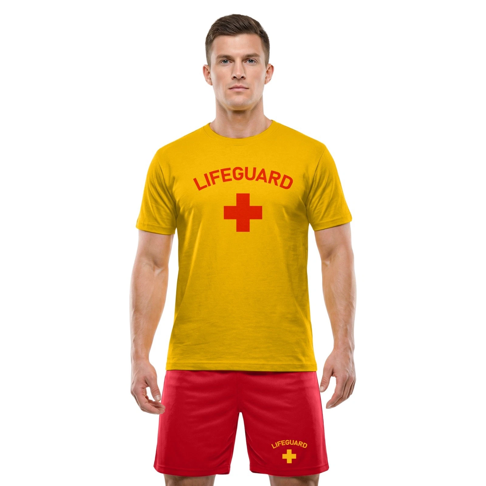 Men’s Lifeguard T-Shirt with Shorts – Beach Costume Funny Fancy Dress Set