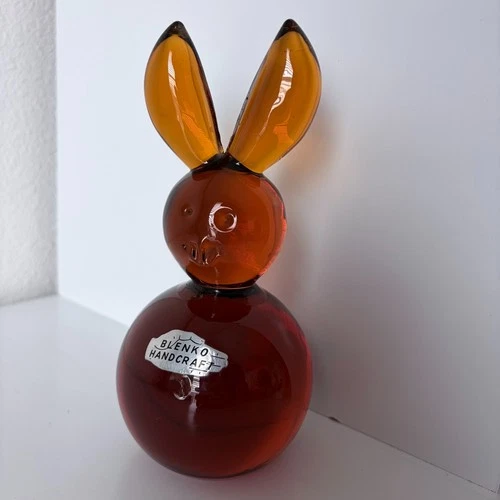HTF Vintage MCM Handblown Blenko Glass 711B Bunny Rabbit In Wheat W/Foil Label