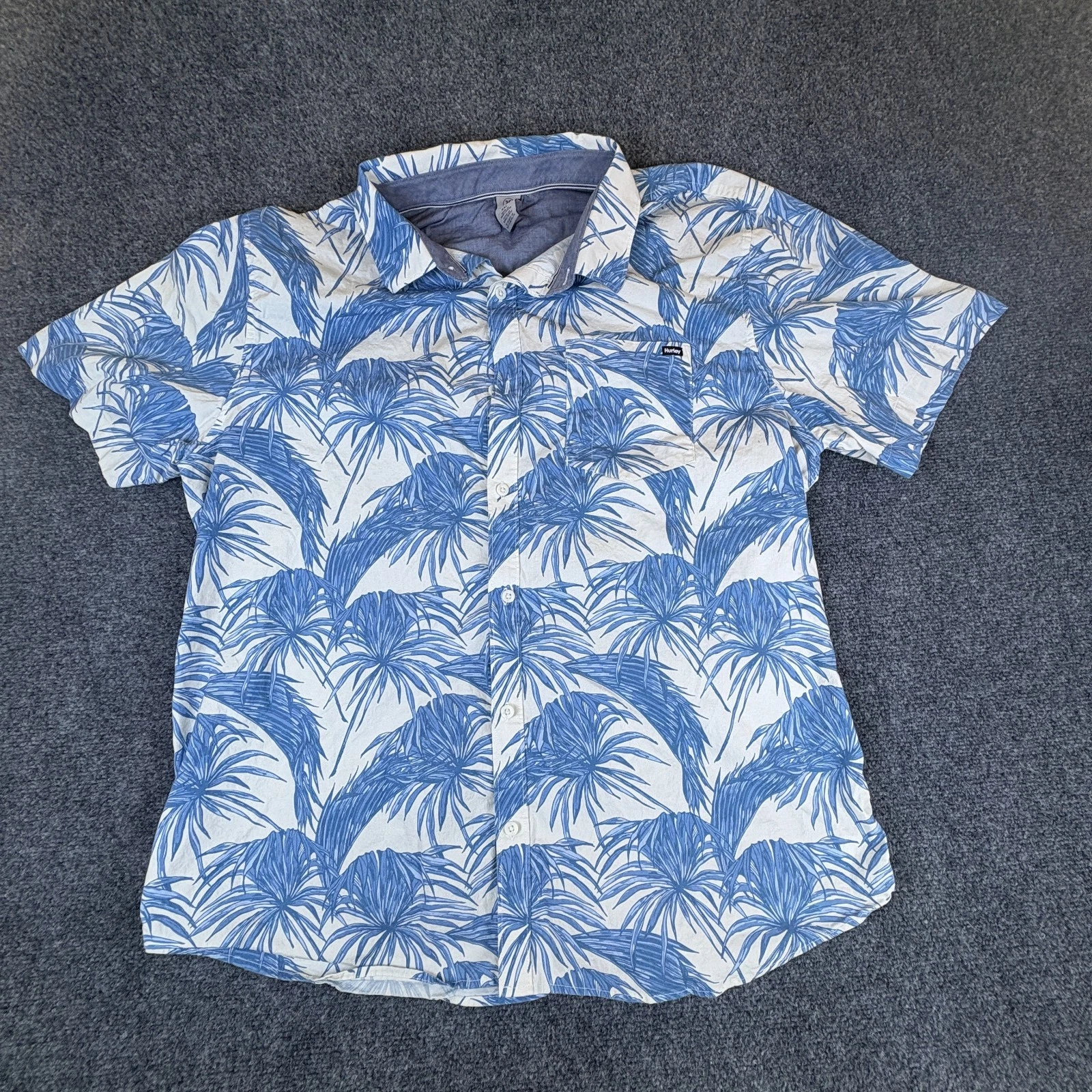 Hurley Shirt Mens 2XL Blue White Cotton Stretch Palm Tree Beach Wear Button Up