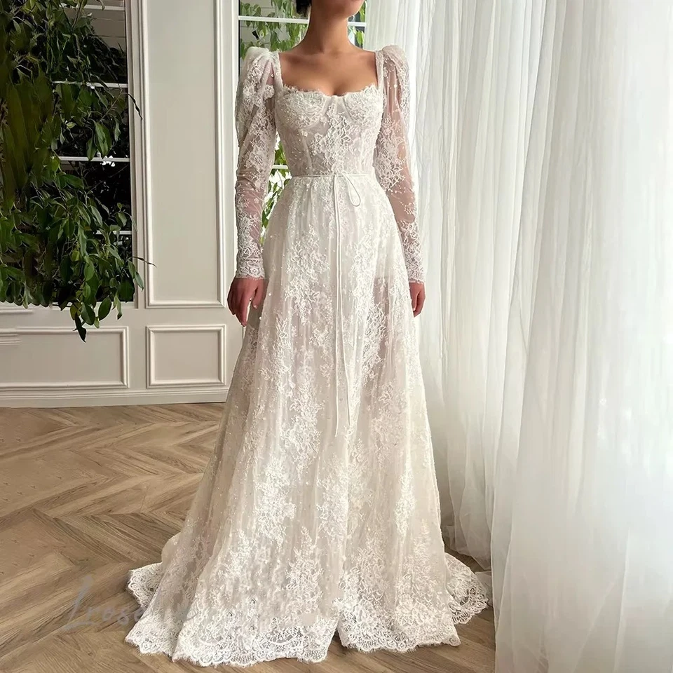 Elegante Vestido de Novia Línea A Cuello Cuadrado Mangas Largas Encaje Apliques Vestidos de Novia Foto 2 de 4