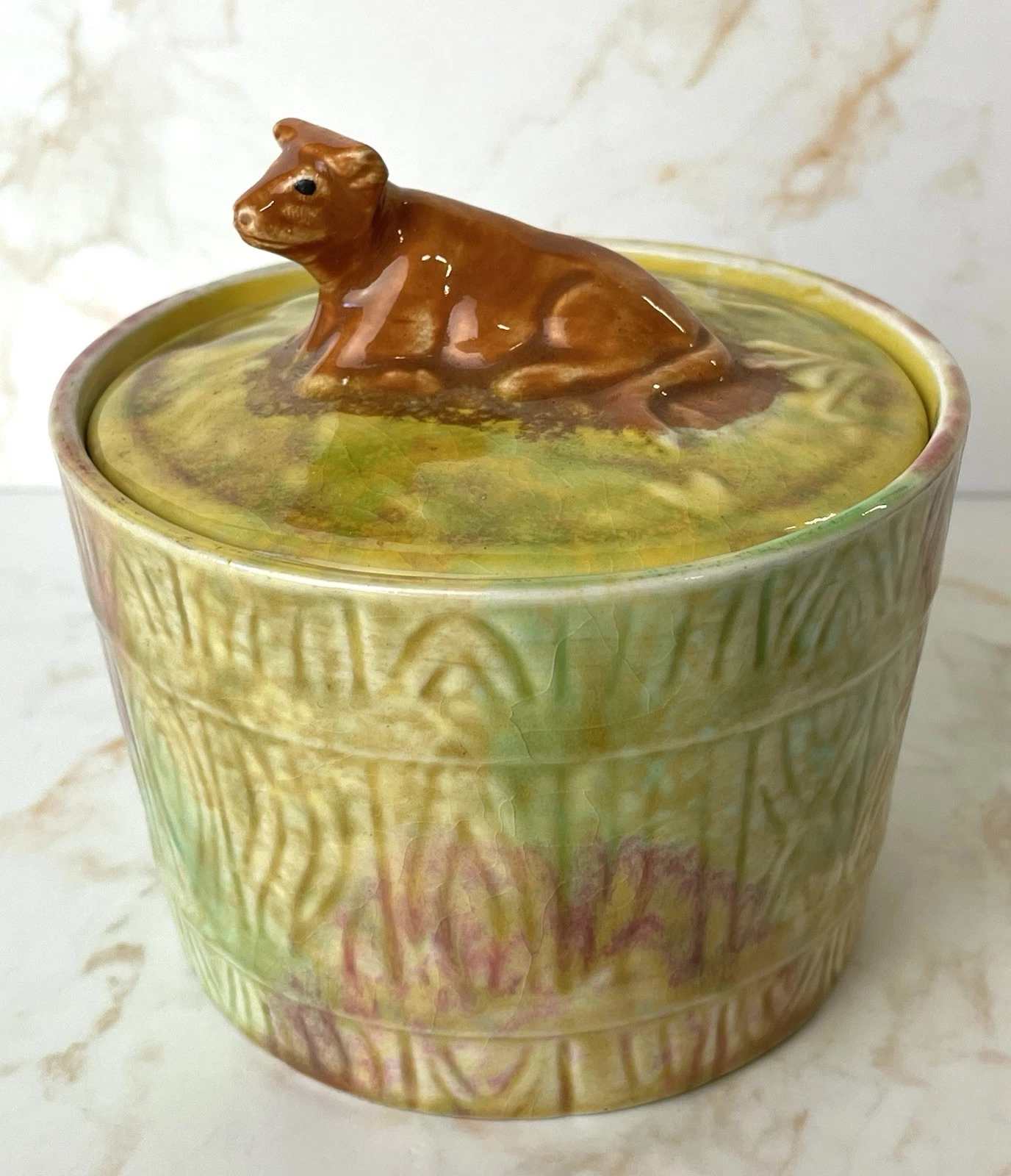 Vintage Art Deco Butter Dish Cow Handle Lid Royal Art Pottery Kitchenalia