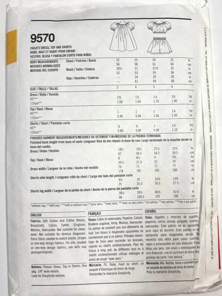 Simplicity Girl Size 3 4 5 6   Dress Shorts Top Sewing Pattern New UNCUT  9570 - Image 2 of 2