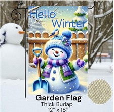 Garden flag, 12  x 18  , hello Winter snowman, thick burlap polyester double-side