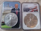 2pc Lot 2023 $1 American Silver Eagle US Flag Early Releases & Trump NGC MS70
