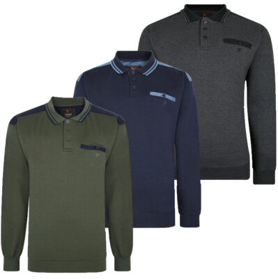 Herren Langarm Polo Knopf Brushback Sweatshirt Rugby Kragen Oberteil warm M-XXL
