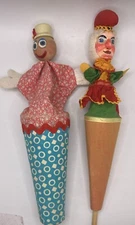 Vtg Hand Crafted Wooden Head Pop Up Cone Puppets, Punch & Judy round Head Clown