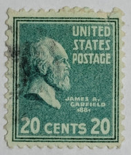 US POSTAGE ~ James A. Garfield ~ Green 20₵ Stamp ~ Cancelled/Posted ~ c.1938 -28
