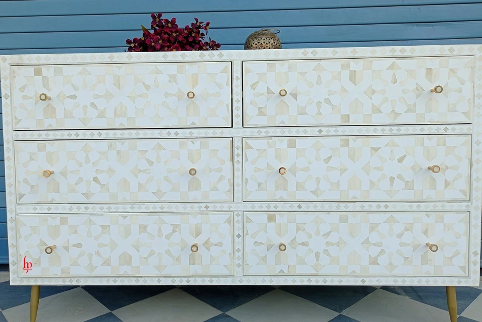 Antique White Home Decor Furniture | Handcrafted Chest of 6 Drawers | Dresser  - Image 2 of 4