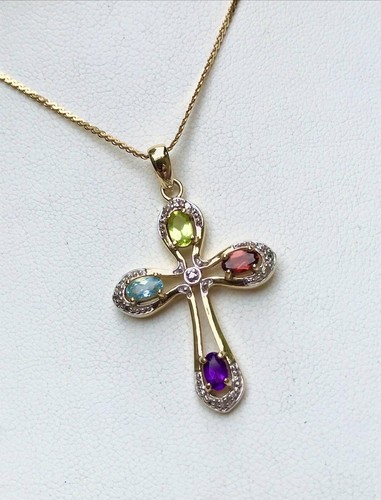 KONVOLUT 3 ELEGANTE 14K GOLD ÜBER MASSIV SILBER DIAMANT EDELSTEIN KREUZ ANHÄNGER - Bild 3 von 8