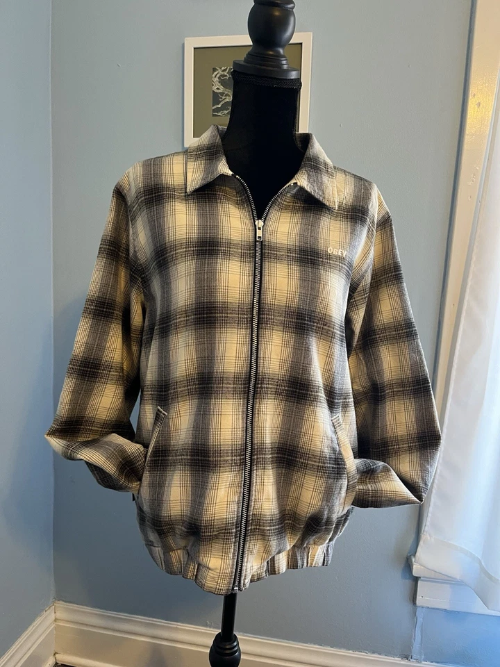 Chaqueta a Cuadros OBEY Ligera Franela Cremallera Hombre’s Mediana Excelente Estado Foto 3 de 4