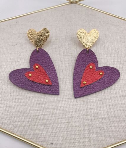 Bijoux au trésor boucles d'oreilles accessoires faits à la main Best Of My Love cuir violet - Photo 1 sur 4