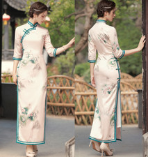 Women Chinese Style Elegant Cheongsam Silk Satin Dress Retro Qipao Dress Gown