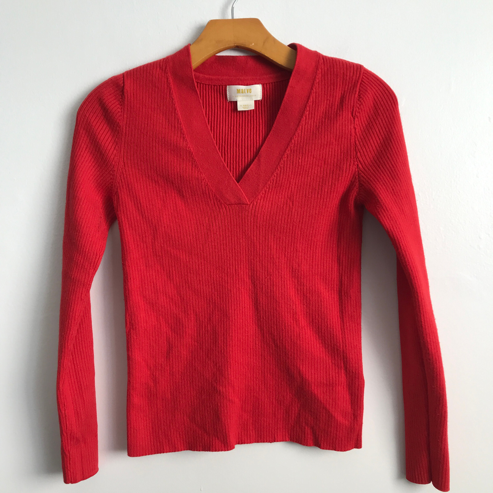 Maeve XS Sweater Red Knit V Neck Long Sleeve Ribbed Pullover Casual