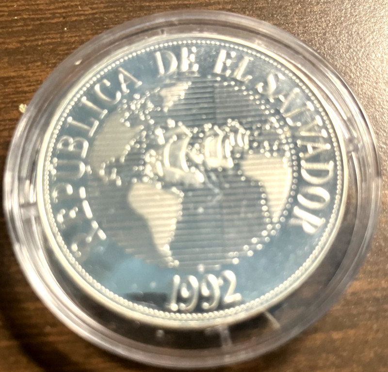 elf El Salvador 150 Colones 1992 Silver Columbus 500th Ship Map