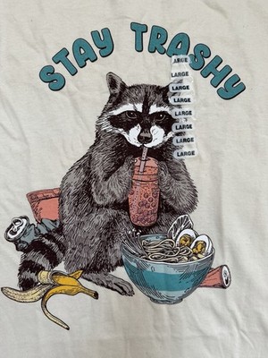 Gilden Stay Trashy Raccoon Graphic Men's T-Shirt Large White Cotton Short Sleeve
