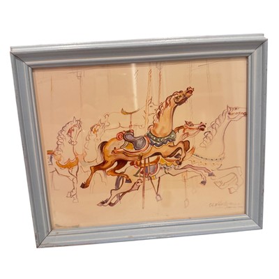 Ed Walaitis Carousel Horses Framed water color Original Signed Wall Decor 1983