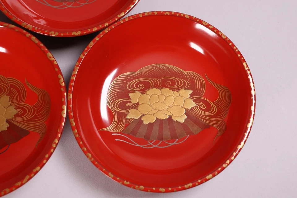Juego de 5 platos de laca japonesa de 4,72 pulgadas peonía dorada y abanico ceremonia del té Meiji Era2 Foto 2 de 4