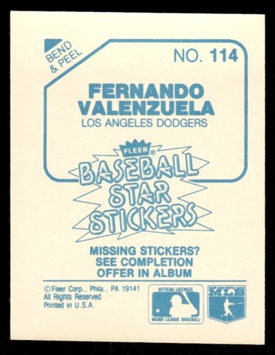 Juego de pegatinas Fleer Star 1985 Break casi nuevo Fernando Valenzuela Los Angeles Dodgers - Imagen 2 de 2