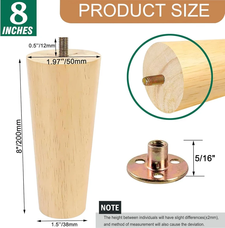 Paquete de 4 patas de sofá de repuesto de madera maciza de 8" para muebles Foto 4 de 4