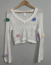 Cream Ivory Wild Fable Knitted Style Sweater Crochet Roses Cropped Long Sleeve M