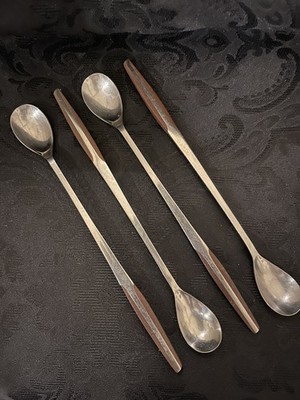 ELDAN ELD2 Faux Brown Wood & Stainless Steel Japan Iced Tea Spoons SET of 4