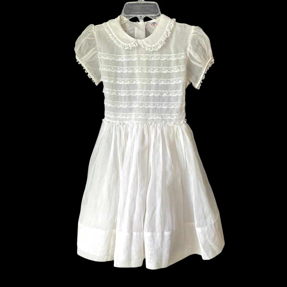 Vtg Miss Quality Girls White Dress Sheer Nylon Lace Peter Pan Puff Sleeves Small - Image 2 of 4