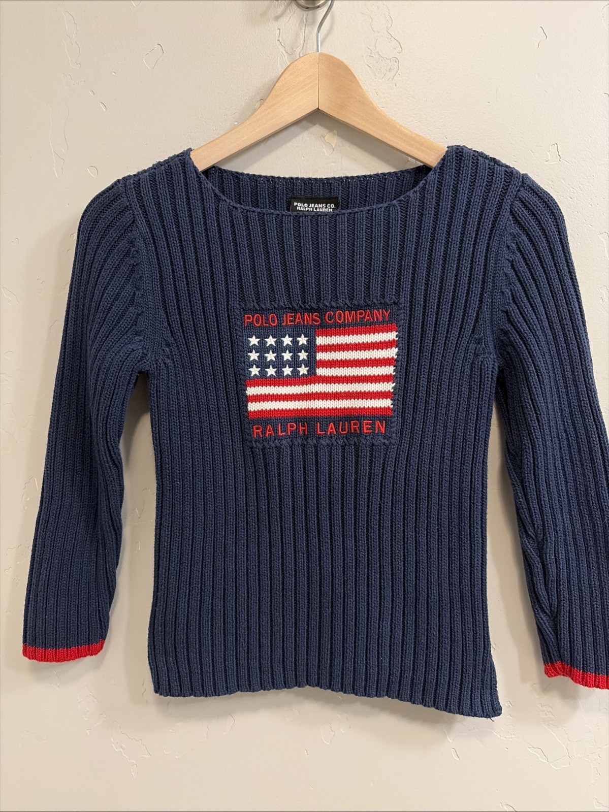 Polo Jeans Ralph Lauren Women’s Sz Petite XS Vintage Iconic Flag Ribbed Sweater
