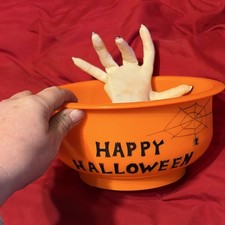 Animated Halloween Candy Bowl with Creepy Hand, Orange Spider Web Design