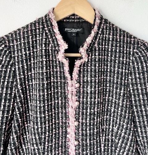 BETSEY JOHNSON Vintage 90s Y2K Pink Wool Blend Open Front Tweed Blazer. 6 - Picture 3 of 8