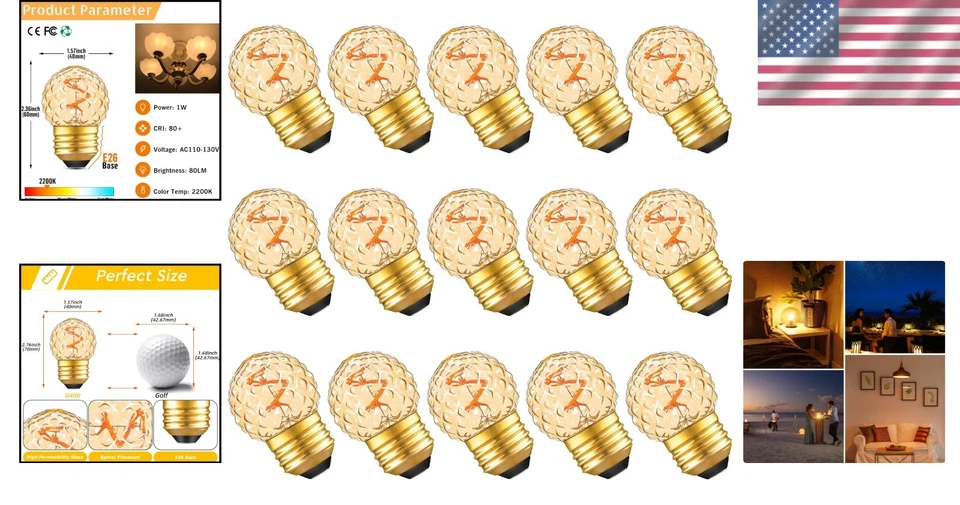 Night Light Bulbs 15-Pack, G40 LED Bulbs 1W, Warm White - Image 2 of 4