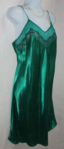 VTG VICTORIAS SECRET Gold Label Emerald Green Satin Nightgown Size L Lace Trim - Picture 2 of 4