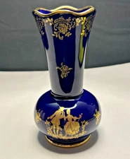 Imperia Limoges Courting Couple Vase Porcelain Cobalt Blue 22K Gold 5.5” EUC