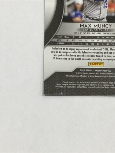 2019 Panini Prizm Max Muncy #218 Los Angeles Dodgers Baseball Card - Picture 11 of 12