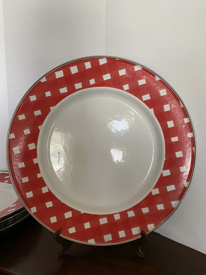 Juego de 6 platos de metal esmaltado de guinga roja blanca de 12" Pottery Barn Foto 3 de 4