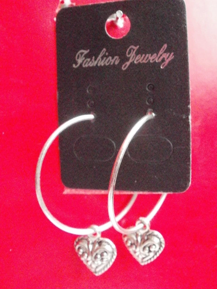 QTY LIMITED FASHION HEART Earring Silver Ton Large Round Hoop Dangle Pendant LOV - Image 3 of 4