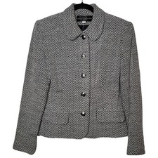 Kelly Graham Medium Wool Blnd Blk Tan Chevron Button Up Collared Blazer Jacket