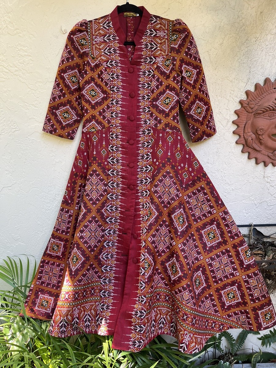 boho dress thailand VTG Red Handwoven Praewa Silk Fabric Button-Front Maxi S The Coolest Items to La Lune Color:Ocean Blue Floral Stripe 100% Natural Cotton –